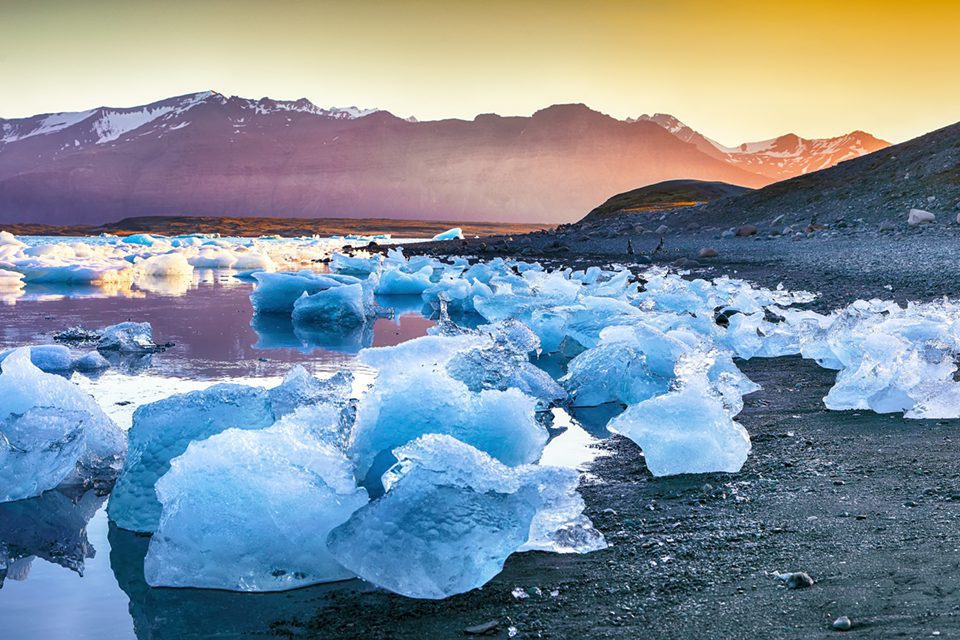 Beautifull landscape with floating icebergs in Jokulsarlon glacier lagoon at sunset. Location: Jokulsarlon glacial lagoon, Vatnajokull National Park, south Iceland, Europe